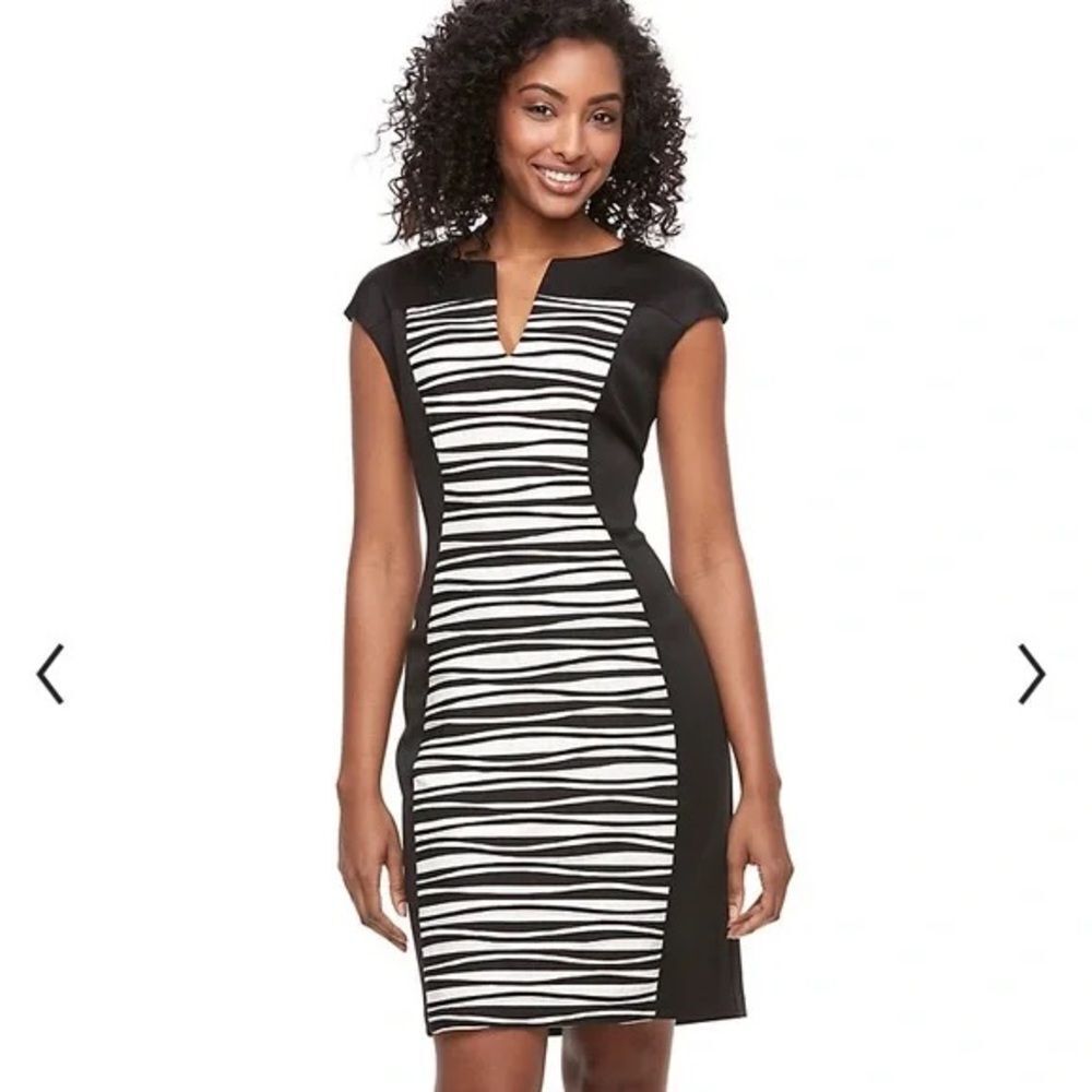 Brand New Connected Apparel Black Tan Striped Sheath Dress V Notch Neckline 16